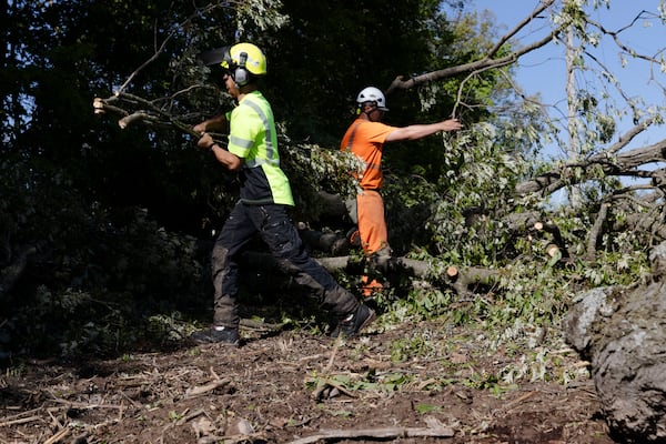 Cody Sparks, left, and Eric Combs with Lewis Tree Service work to clear a tree off of a power line near on 92nd Street near Caledonia, Mich. on Friday, May 16. 2025. (Neil Blake/The Grand Rapids Press via AP)