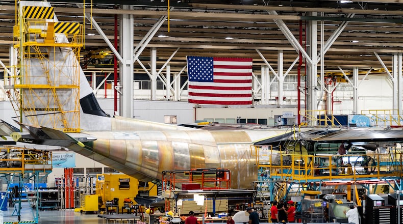 A C-130J cargo aircraft undergoes construction at Lockheed Martin's manufacturing facility in Marietta on Thursday, Aug. 22. (Seeger Gray/AJC)