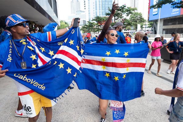 Cape Verde fans dance on the sidewalk in downtown Atlanta following the World Cup game Monday, June 15, 2026. (Ben Gray for the AJC)