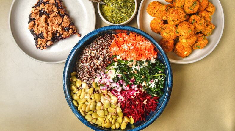 Eating with a focus on lowering your blood pressure isn't just about reducing your sodium intake. Recipes from Atlanta registered dietitian nutritionist Nichole Dandrea-Russert include (from top left) Deep South Blueberry Cobbler, Mint Chutney, Cauliflower Chickpea Curry Bites and (bottom middle) Grains, Greens and Beets Bowl with Creamy Citrus Dressing. (Styling by Nichole Dandrea-Russert / Chris Hunt for the AJC)