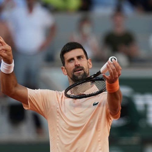 Novak Djokovic of Serbia celebrates after winning against Valentin Royer of France during their second round men's singles tennis match at the French Open tennis tournament in Paris, Wednesday, May 27, 2026. (AP Photo/Thibault Camus)