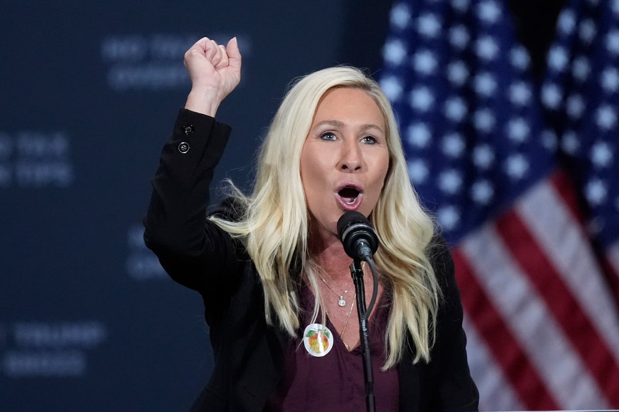 Rep. Marjorie Taylor Greene, R-Ga., speaks before Republican presidential nominee former President Donald Trump at a campaign event at the Cobb Energy Performing Arts Centre, Oct. 15, 2024, in Atlanta. (John Bazemore/AP)