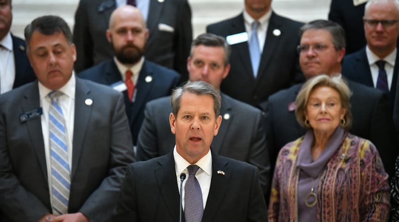 February 1, 2022 Atlanta - Governor Brian Kemp speaks during a press conference to announce plans to spend millions of dollars on expanding internet throughout Georgia, especially in rural areas that lack access at the State Capitol in Atlanta on Tuesday, February 1, 2022. (Hyosub Shin / Hyosub.Shin@ajc.com)