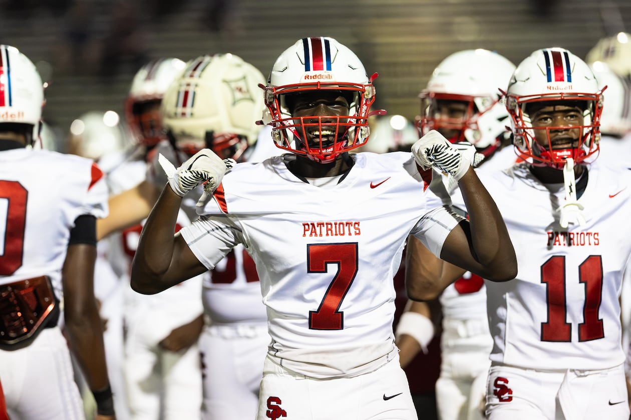 Sandy Creek defensive back Levi Smith (7) celebrates a win against Douglas County at Douglas County High School in Douglasville, GA on Friday, August 28, 2026. (Oscar Guevara Saenz for the AJC)