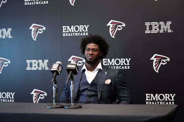 Atlanta Falcons first-round draft pick Jalon Walker speaks during a news conference, Friday, April 25, 2025, in Flowery Branch, Ga. (AP Photo/Brynn Anderson,)