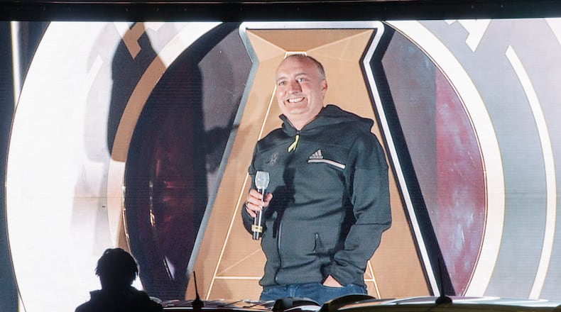 Atlanta United celebrates the beginning of their 5th season where United President Darren Eales speaks before the unveiling the 2021 team uniforms Friday, Feb 26, 2021 during a drive-in at the Home Depot Backyard.  (Jenni Girtman for The Atlanta Journal-Constitution)