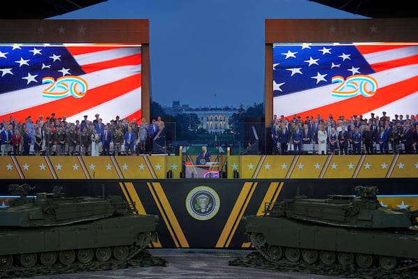President Donald Trump speaks during a military parade commemorating the Army's 250th anniversary Saturday, June 14, 2025, in Washington. (AP Photo/Julia Demaree Nikhinson)