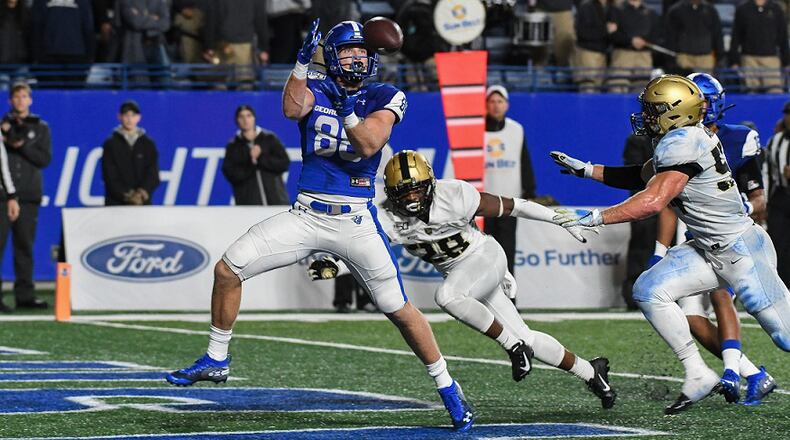 Tight end Aubry Payne of Georgia State catches a pass against Army at Georgia State Stadium on Oct. 19, 2019. (Todd Drexler/Georgia State Athletics)