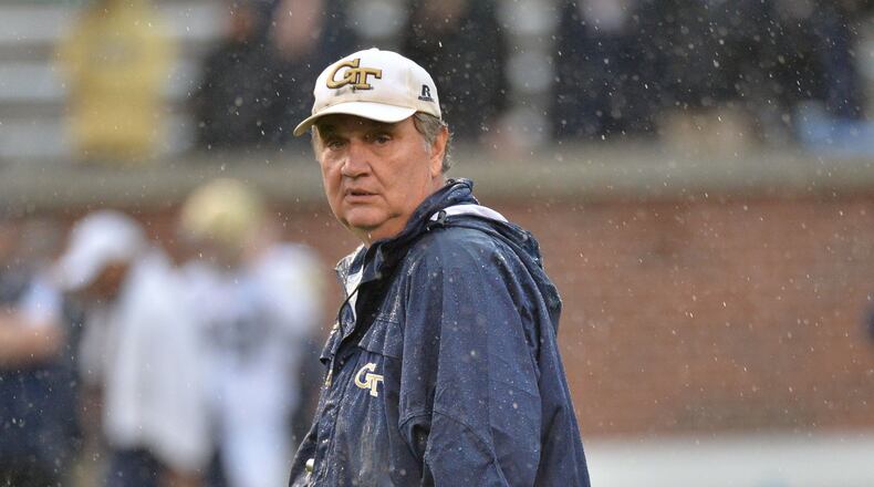 Georgia Tech coach Paul Johnson watches the spring game at Bobby Dodd Stadium on Friday night. (Hyosub Shin/AJC photo)