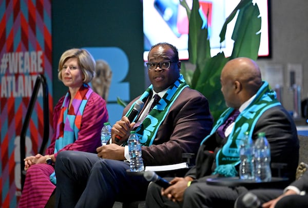 Jonathan Hunt, interim General Manager/CEO of Marta, speaks on a panel during a media briefing featuring Atlanta leaders related to events taking place in and around FIFA World Cup '26 at Mercedes-Benz Stadium, Thursday, March 12, 2026, in Atlanta. (Hyosub Shin/AJC)
