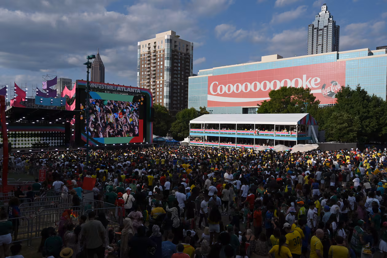 Soccer fans gather to watch a match between Brazil and Scotland at the FIFA Fan Festival in Centennial Olympic Park on Wednesday, June 24, 2026, in Atlanta. (Hyosub Shin/AJC)