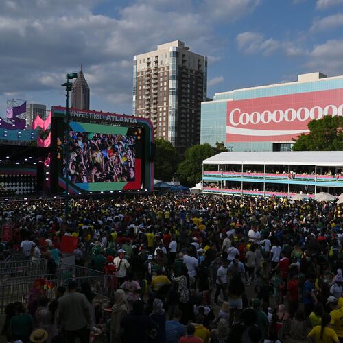 Soccer fans gather to watch a match between Brazil and Scotland at the FIFA Fan Festival in Centennial Olympic Park on Wednesday, June 24, 2026, in Atlanta. (Hyosub Shin/AJC)
