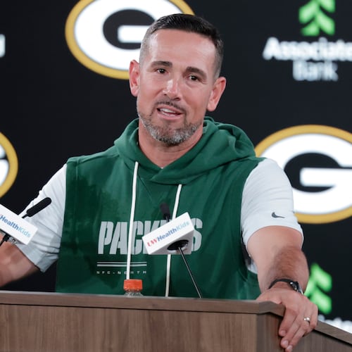 Green Bay Packers head coach Matt LaFleur talks after a preseason NFL football game against the Arizona Cardinals Friday, Aug. 28, 2026, in Green Bay, Wis. (AP Photo/Matt Ludtke)