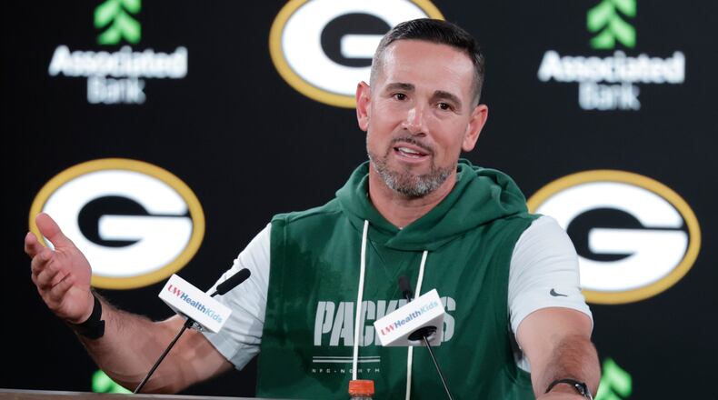 Green Bay Packers head coach Matt LaFleur talks after a preseason NFL football game against the Arizona Cardinals Friday, Aug. 28, 2026, in Green Bay, Wis. (AP Photo/Matt Ludtke)