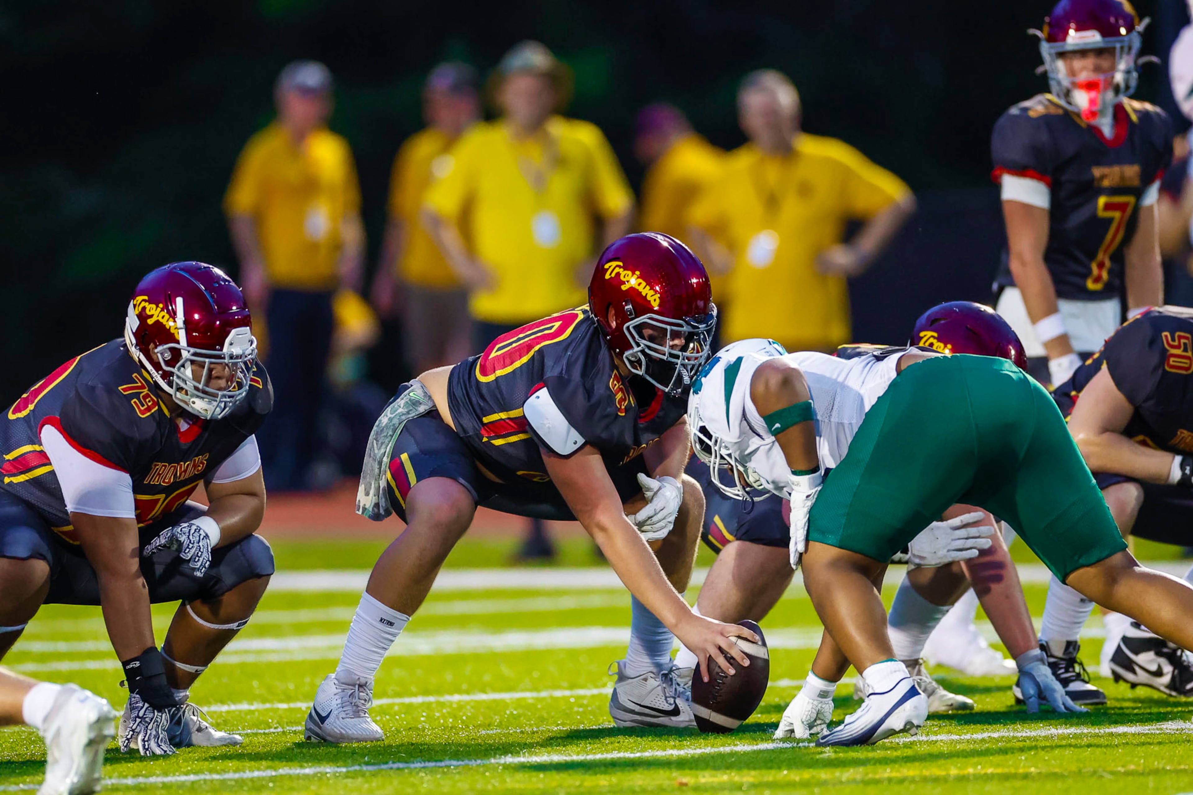 Lassiter center Barrett Burkhart (#50) lines up in formation during the first half against Creekview at Lassiter High School in Marietta, GA on Friday, Sept. 5, 2025. (Oscar Guevara Saenz/For the Atlanta Journal Constitution)
