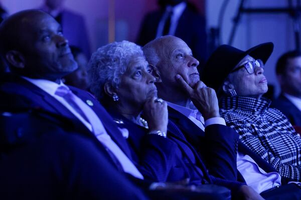 (Second L-R) Former mayors Shirley Franklin and Bill Campbell watch a video before Mayor Andre Dickens gives the annual State of the City address at Woodruff Arts Center in Atlanta on Wednesday, March 18, 2026. (Arvin Temkar/AJC)