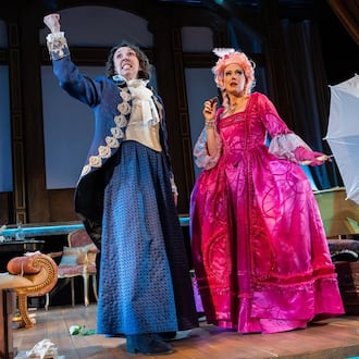 Theatrical Outfit will stage “The Revolutionists,” an irreverent comedy set during the French Revolution’s Reign of Terror, through Sunday, June 28, at the Balzer Theater at Herren’s. Pictured are cast members Courtney Patterson (left) and Bethany Anne Lind. (Courtesy of Theatrical Outfit)