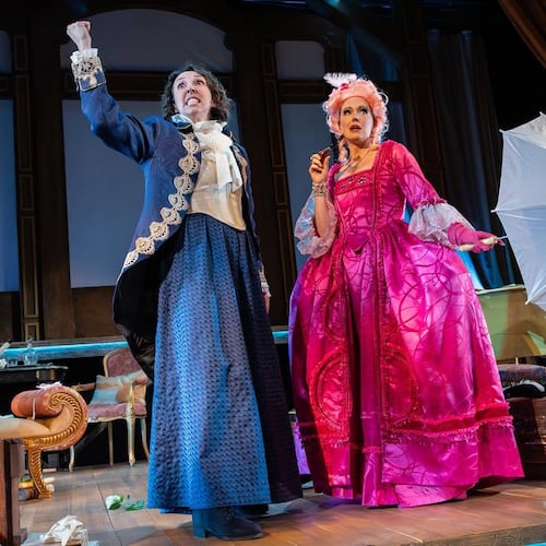 Theatrical Outfit will stage “The Revolutionists,” an irreverent comedy set during the French Revolution’s Reign of Terror, through Sunday, June 28, at the Balzer Theater at Herren’s. Pictured are cast members Courtney Patterson (left) and Bethany Anne Lind. (Courtesy of Theatrical Outfit)