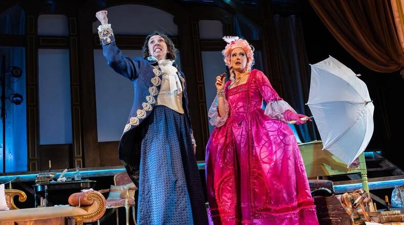 Theatrical Outfit will stage “The Revolutionists,” an irreverent comedy set during the French Revolution’s Reign of Terror, through Sunday, June 28, at the Balzer Theater at Herren’s. Pictured are cast members Courtney Patterson (left) and Bethany Anne Lind. (Courtesy of Theatrical Outfit)