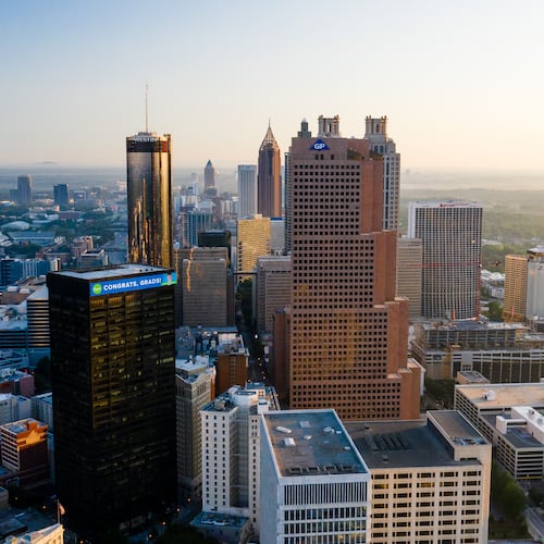 Clad in pink granite, the 697-foot-tall Georgia-Pacific Center is one of Atlanta’s most recognizable structures. (Courtesy Chil & Co for Georgia-Pacific)
