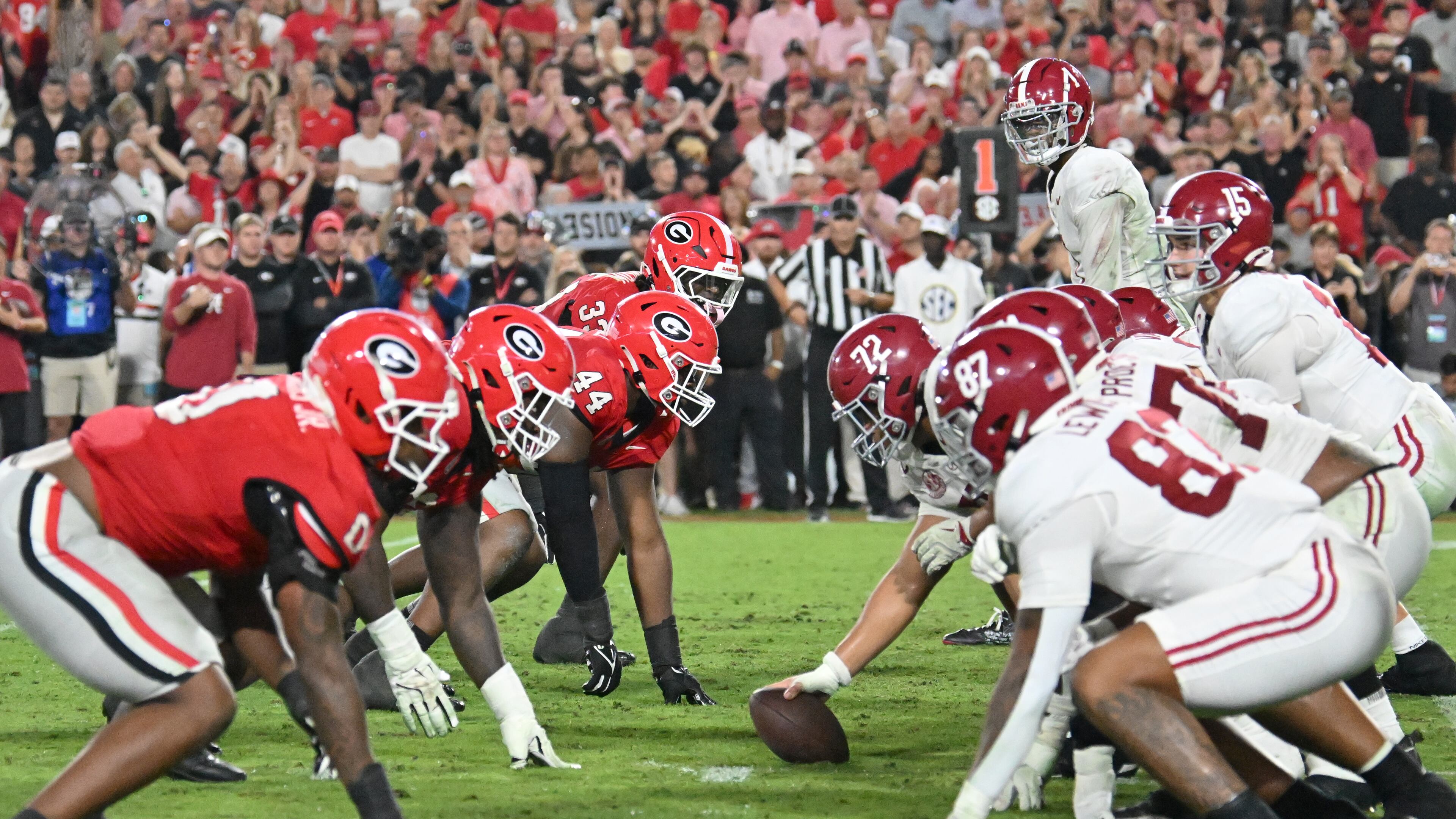 Georgia and Alabama line up at the line of scrimmage at Sanford Stadium on Saturday, Sept. 27, 2025, in Athens. The No. 3-ranked Bulldogs and the No. 9-ranked Crimson Tide have had plenty to handle leading up to the SEC championship game. (Hyosub Shin/AJC)