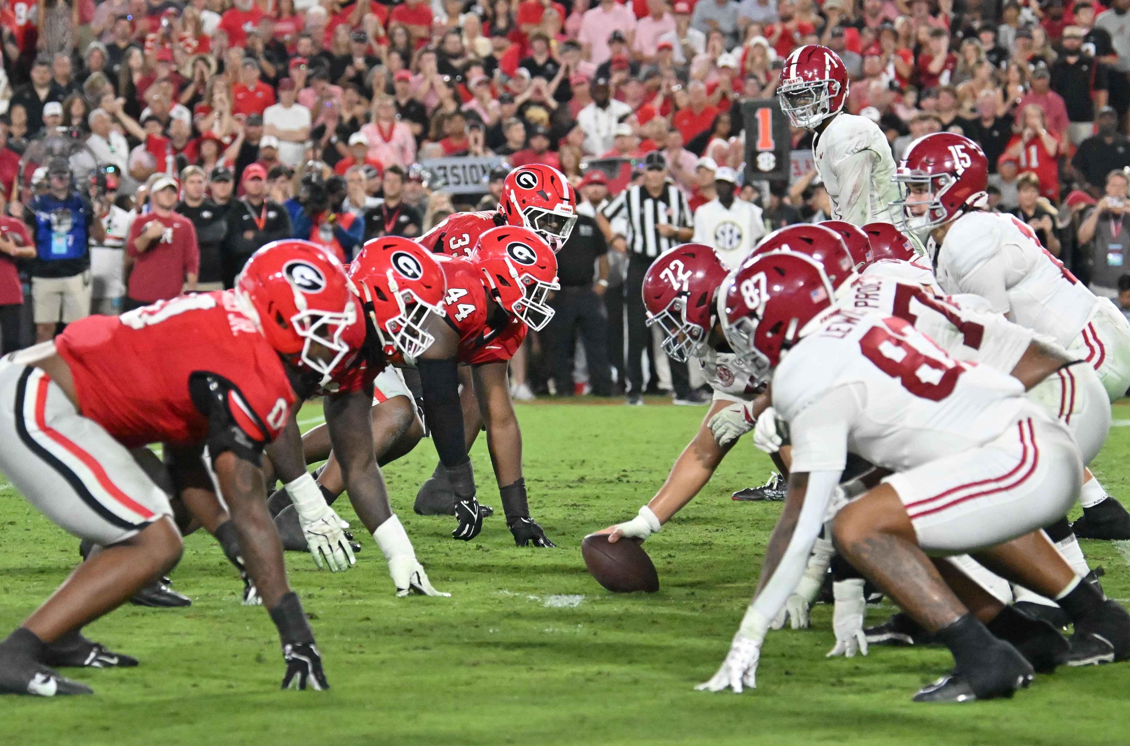 Georgia and Alabama line up at the line of scrimmage during the second half in an NCAA football game at Sanford Stadium, Saturday, September 27, 2025, in Athens. Alabama won 24-21 over Georgia. (Hyosub Shin / AJC)