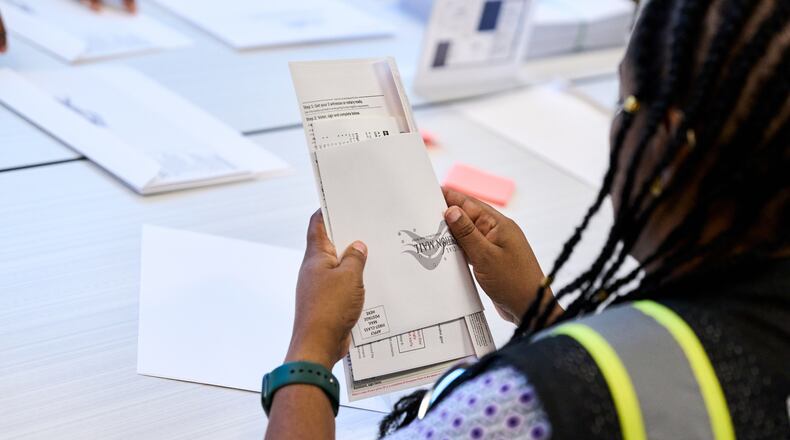 Wake County Board of Elections employees prepare absentee ballots to be mailed on Thursday, Sept. 3, 2026, in Raleigh, N.C. (AP Photo/Matt Ramey)