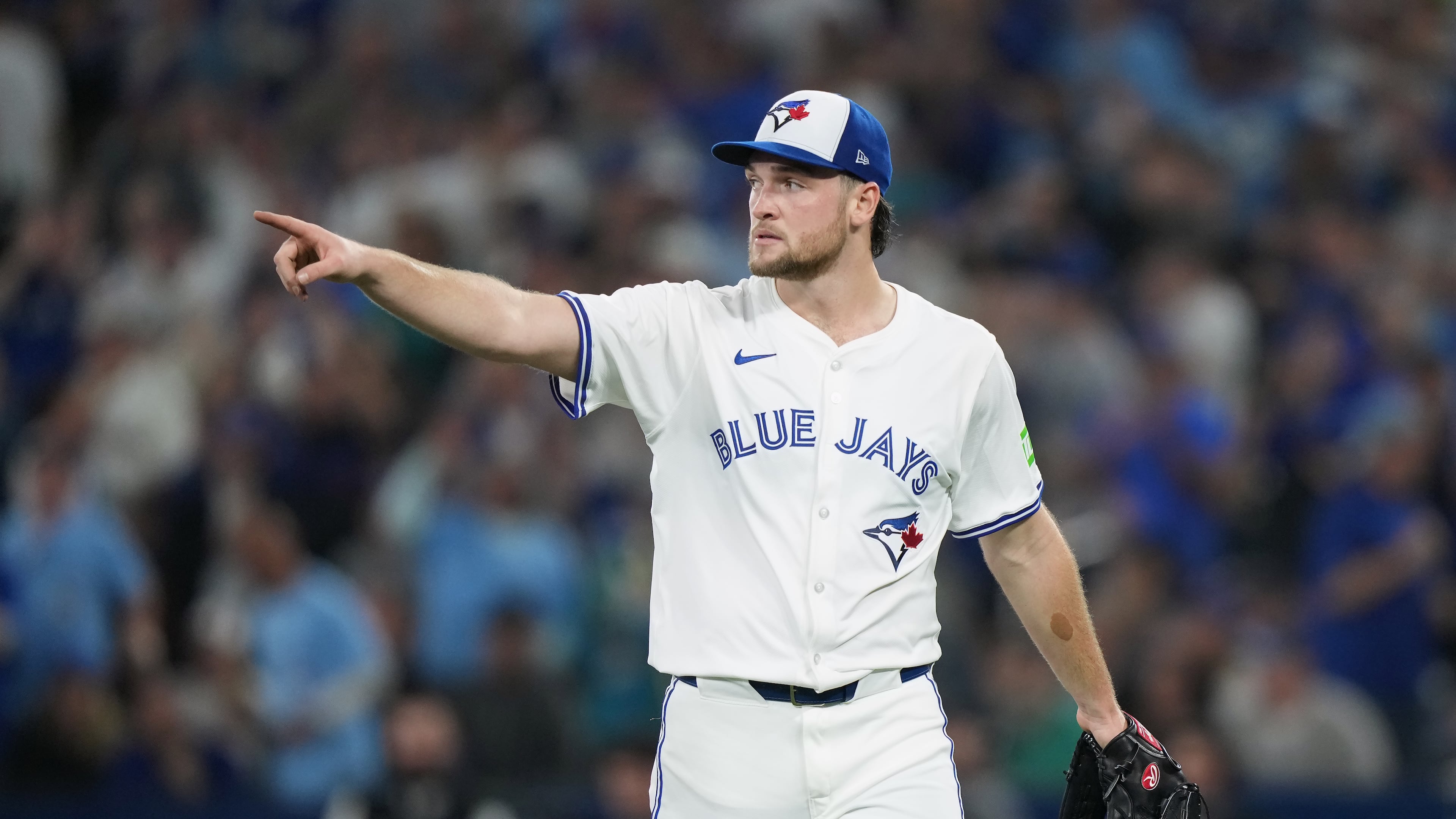 Toronto Blue Jays pitcher Trey Yesavage reacts after a fifth inning-ending double play in Game 6 of baseball's American League Championship Series against the Seattle Mariners in Toronto, Sunday, Oct. 19, 2025. (Nathan Denette/The Canadian Press via AP)