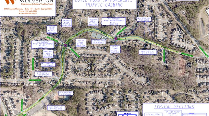 Map depicts “traffic calming” measures proposed for Buice Road. Alpharetta has agreed to split the cost of the improvements, up to $250,000, with Johns Creek. CITY OF ALPHARETTA