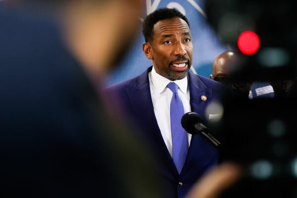 Mayor Andre Dickens speaks during a news conference at the Atlanta Police Department Public Safety Headquarters earlier this month. (Abbey Cutrer/AJC)