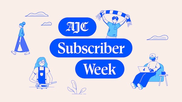 Colorful illustration highlighting AJC Subscriber Week with people walking, cooking, working, and celebrating.