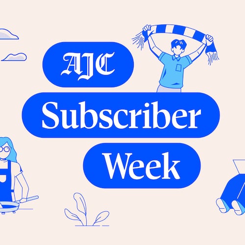 Colorful illustration highlighting AJC Subscriber Week with people walking, cooking, working, and celebrating.
