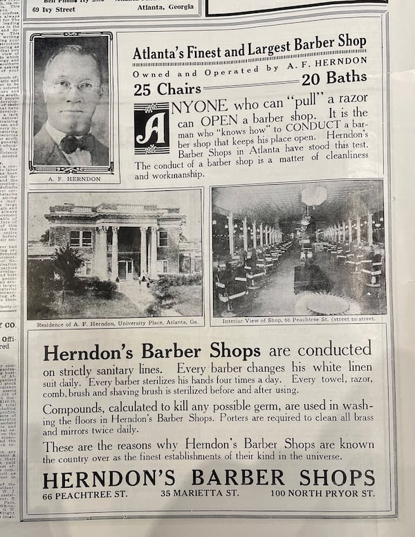This advertisement for Alonzo Herndon's three barbershop locations includes an image of Herndon's mansion, as seen in this special edition of The Atlanta Constitution from 1917. (AJC archives)