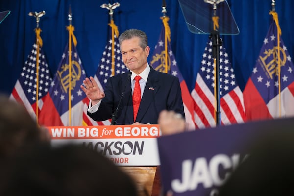 Republican nominee for governor Rick Jackson speaks to supporters at his election night party in Atlanta last month. (Jason Getz/AJC)