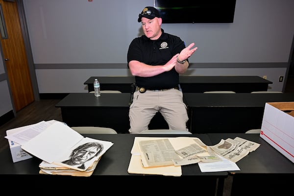 Hasley Gipson, criminal investigator with the Lumpkin County Sheriff's Office, recalls details of the cold case. (Daniel Varnado for the AJC)