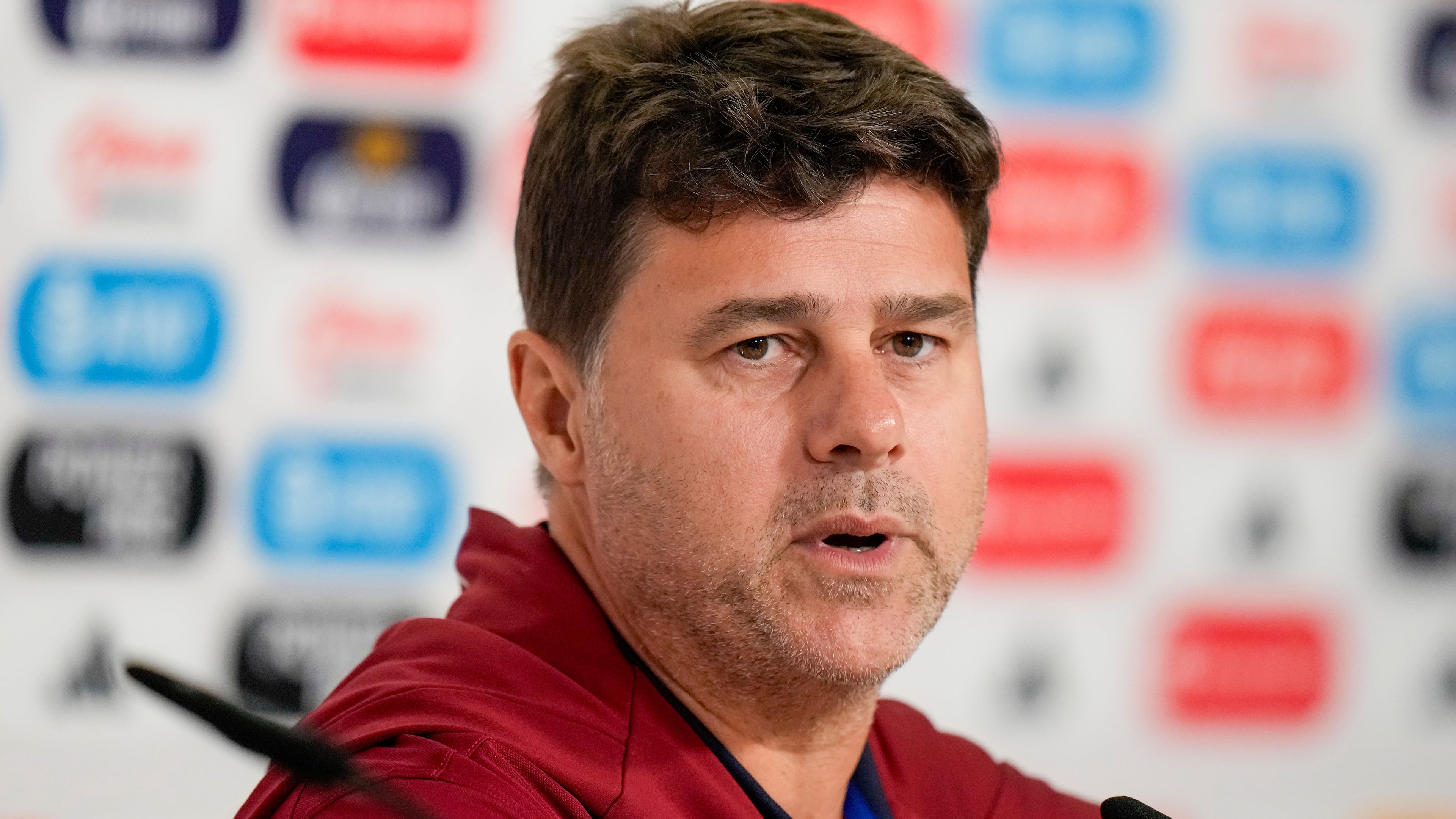 FILE - United States head coach Mauricio Pochettino gives a press conference, Mexico, Oct. 14, 2024, ahead of an international friendly soccer match against Mexico, at Akron Stadium in Guadalajara,. (AP Photo/Eduardo Verdugo, File)