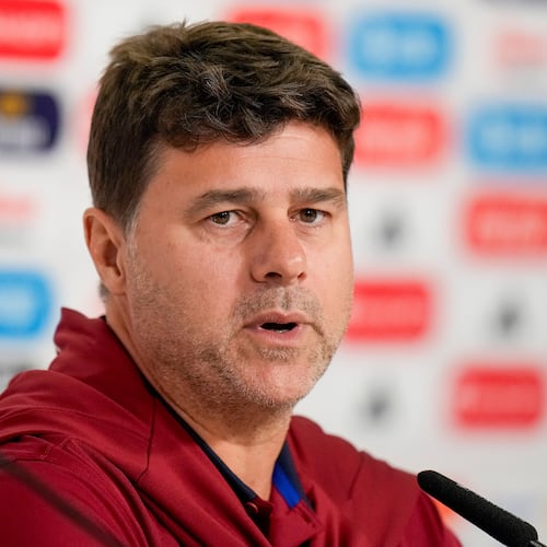 FILE - United States head coach Mauricio Pochettino gives a press conference, Mexico, Oct. 14, 2024, ahead of an international friendly soccer match against Mexico, at Akron Stadium in Guadalajara,. (AP Photo/Eduardo Verdugo, File)