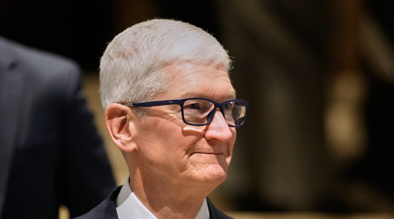 Apple CEO Tim Cook during the Annual Meeting of the World Economic Forum in Davos, Switzerland, Tuesday, Jan. 20, 2026. (AP Photo/Markus Schreiber)