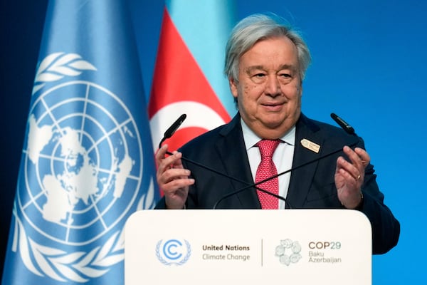 FILE - UN Secretary-General Antonio Guterres speaks during a plenary session at the COP29 U.N. Climate Summit, Nov. 12, 2024, in Baku, Azerbaijan. (AP Photo/Rafiq Maqbool, File)