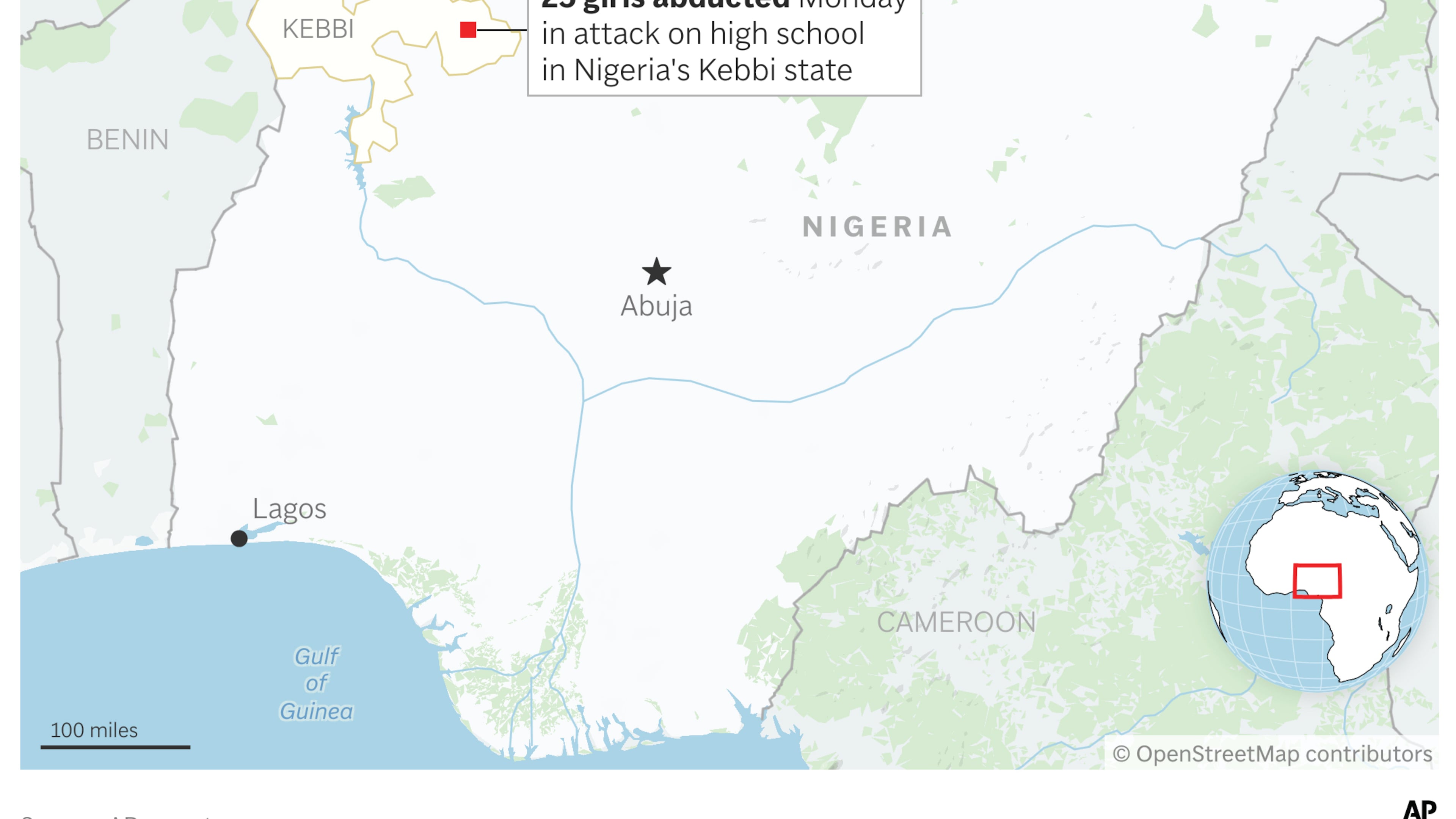 Police in Nigeria say gunmen have abducted 25 girls from a high school in the country's northwestern Kebbi state. (AP Graphic)