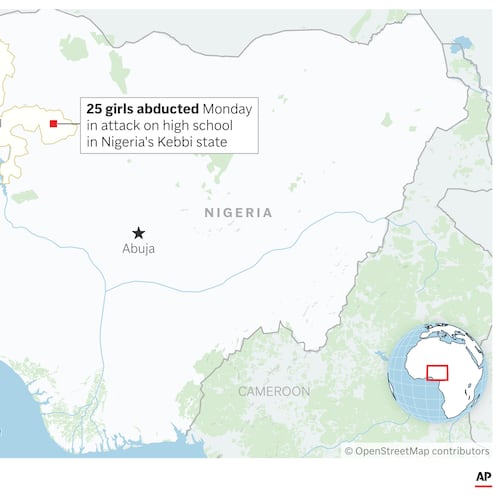 Police in Nigeria say gunmen have abducted 25 girls from a high school in the country's northwestern Kebbi state. (AP Graphic)