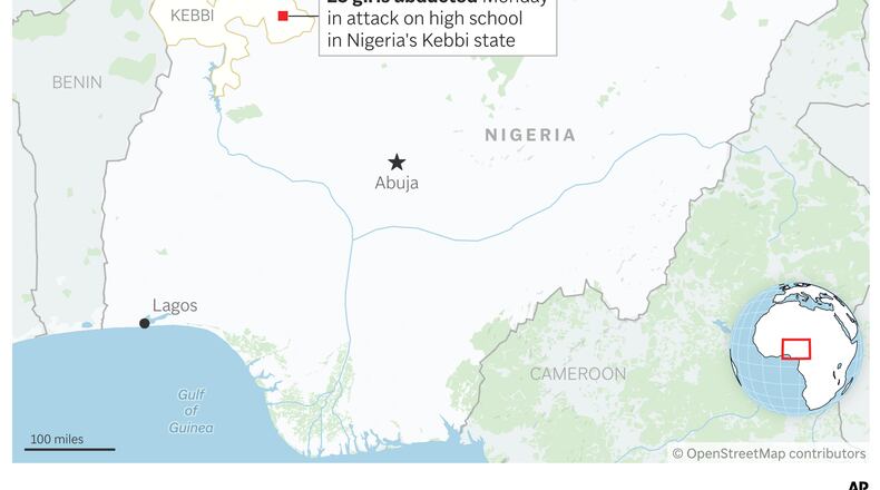 Police in Nigeria say gunmen have abducted 25 girls from a high school in the country's northwestern Kebbi state. (AP Graphic)