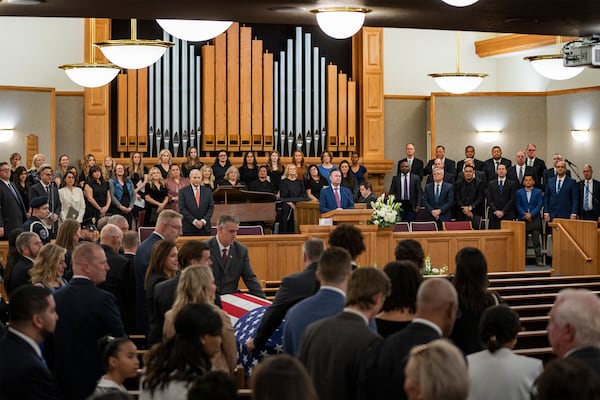 The casket of former U.S. Rep. Mia Love is brought into the chapel during funeral services at the University of Utah Institute of Religion in Salt Lake City on Monday, April 7, 2025. (Rick Egan/The Salt Lake Tribune via AP, Pool)