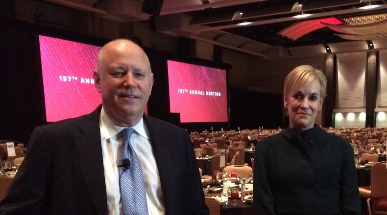 Jeff Sprecher, left, the 2017 chairman of the Metro Atlanta Chamber board and the chairman and CEO of Intercontinental Exchange, and chamber CEO Hala Moddelmog address the media before the organization’s annual meeting Wednesday in downtown Atlanta. J. Scott Trubey/strubey@ajc.com