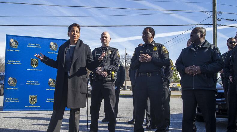 DeKalb County Police Chief Mirtha V. Ramos (left) speaks to members of the DeKalb County police department during a community roll call at the Wesley Center Square shopping center in Decatur, on Wednesday, January 22, 2020. (ALYSSA POINTER/ALYSSA.POINTER@AJC.COM)
