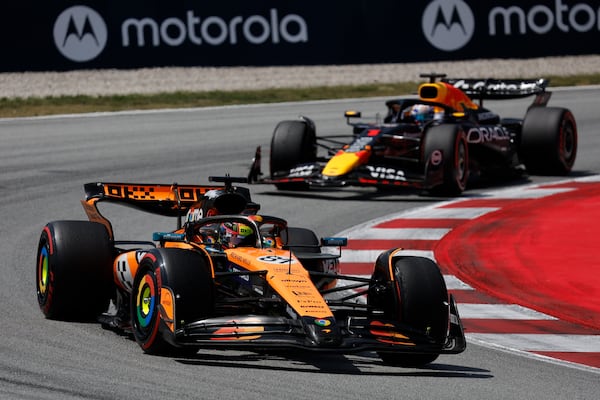 McLaren driver Oscar Piastri of Australia steers his car during the Spanish Grand Prix Formula One race at the Barcelona Catalunya racetrack in Montmelo, near Barcelona, Spain, Sunday, June 1, 2025. (AP Photo/Joan Monfort)