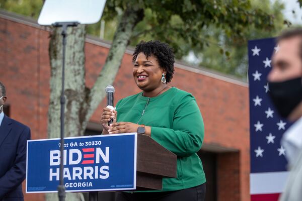 Former gubernatorial candidate Stacey Abrams campaigns for presidential Democratic nominee Joe Biden and vice president nominee Kamala Harris in downtown Decatur. (Alyssa Pointer/AJC 2020)