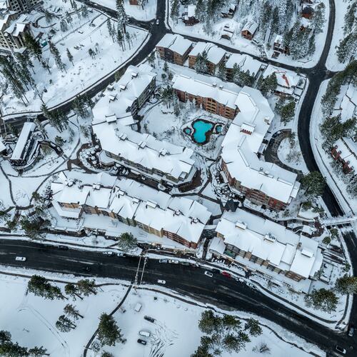 This photo provided by the Mammoth Mountain Ski Resort shows snow covering the resort after a winter storm Sunday, April 12, 2026. (Peter Morning/Mammoth Mountain Ski Resort via AP)