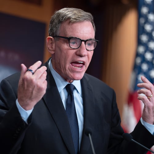 FILE - Sen. Mark Warner, D-Va., the top Democrat on the Senate Intelligence Committee, speaks about the Trump administration following reports that only Republican lawmakers received security briefings on the Trump-ordered military strikes against boats in the Caribbean, during a news conference at the Capitol in Washington, Thursday, Oct. 30, 2025. (AP Photo/J. Scott Applewhite, File)