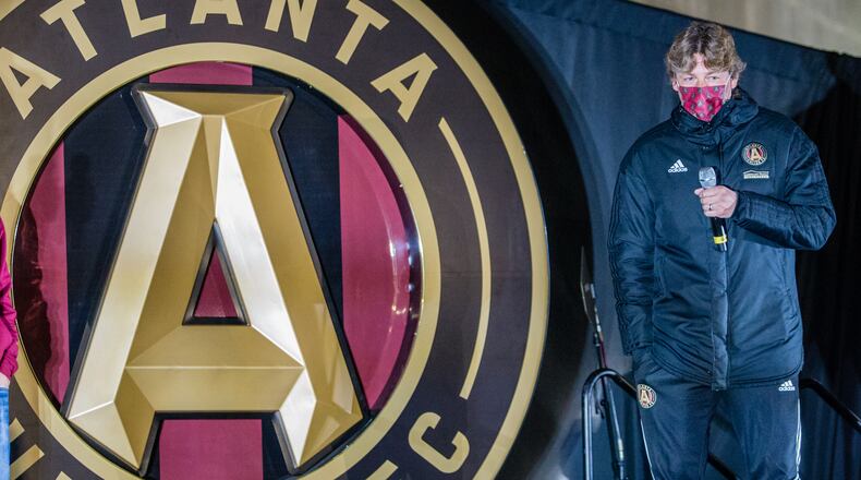 Atlanta United celebrates the beginning of their 5th season with unveiling the 2021 team uniforms and the introduction of new coach Gabriel Heinze on Friday, Feb 26, 2021 during a drive-in at the Home Depot Backyard.  (Jenni Girtman for The Atlanta Journal-Constitution)